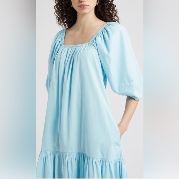 NORDSTROM SQUARE NECK PUFF SLEEVE COTTON MIDI DRESS WOMENS BLUE COLOR SIZE S/M - Picture 5 of 10